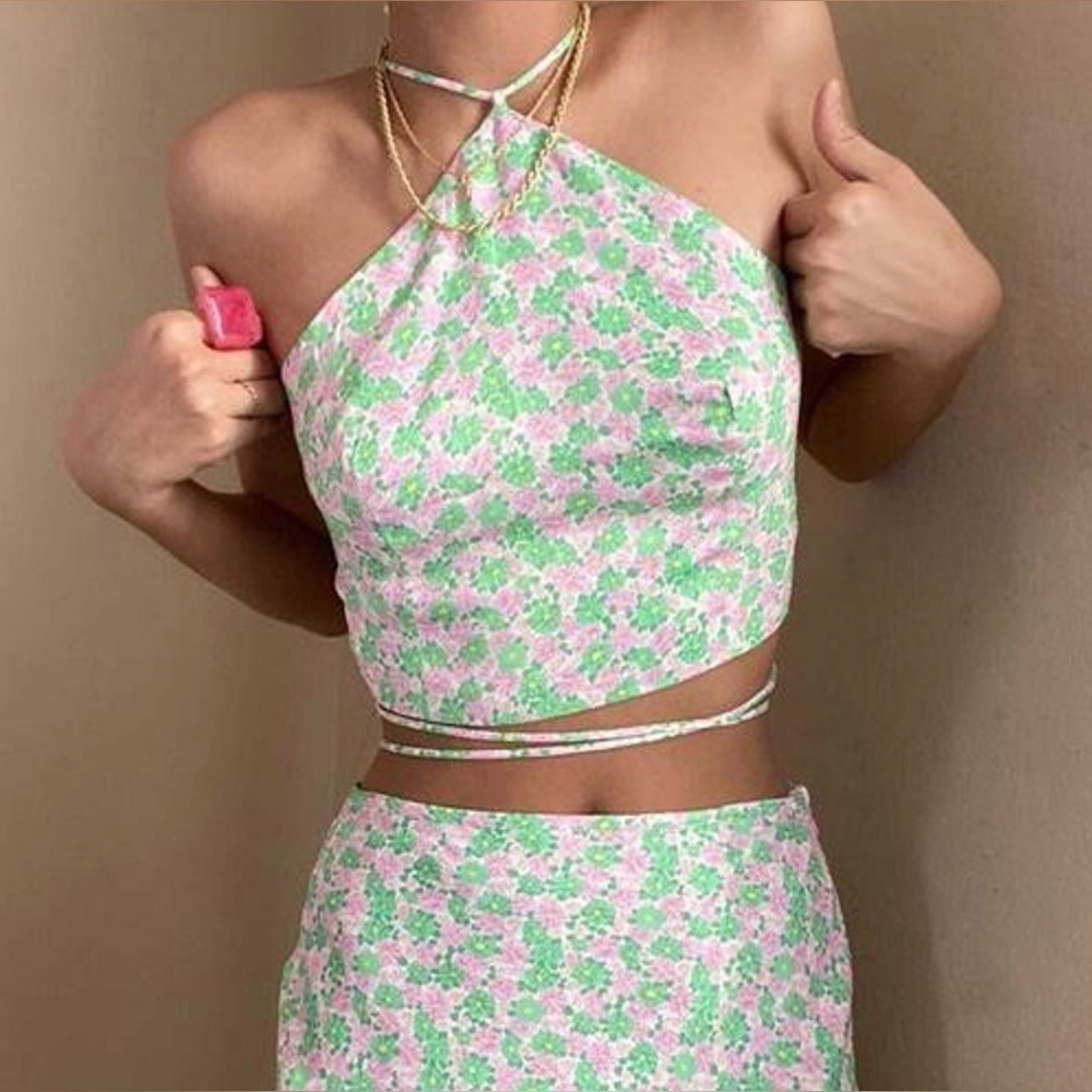 NWT Zara green and pink floral satin matching set